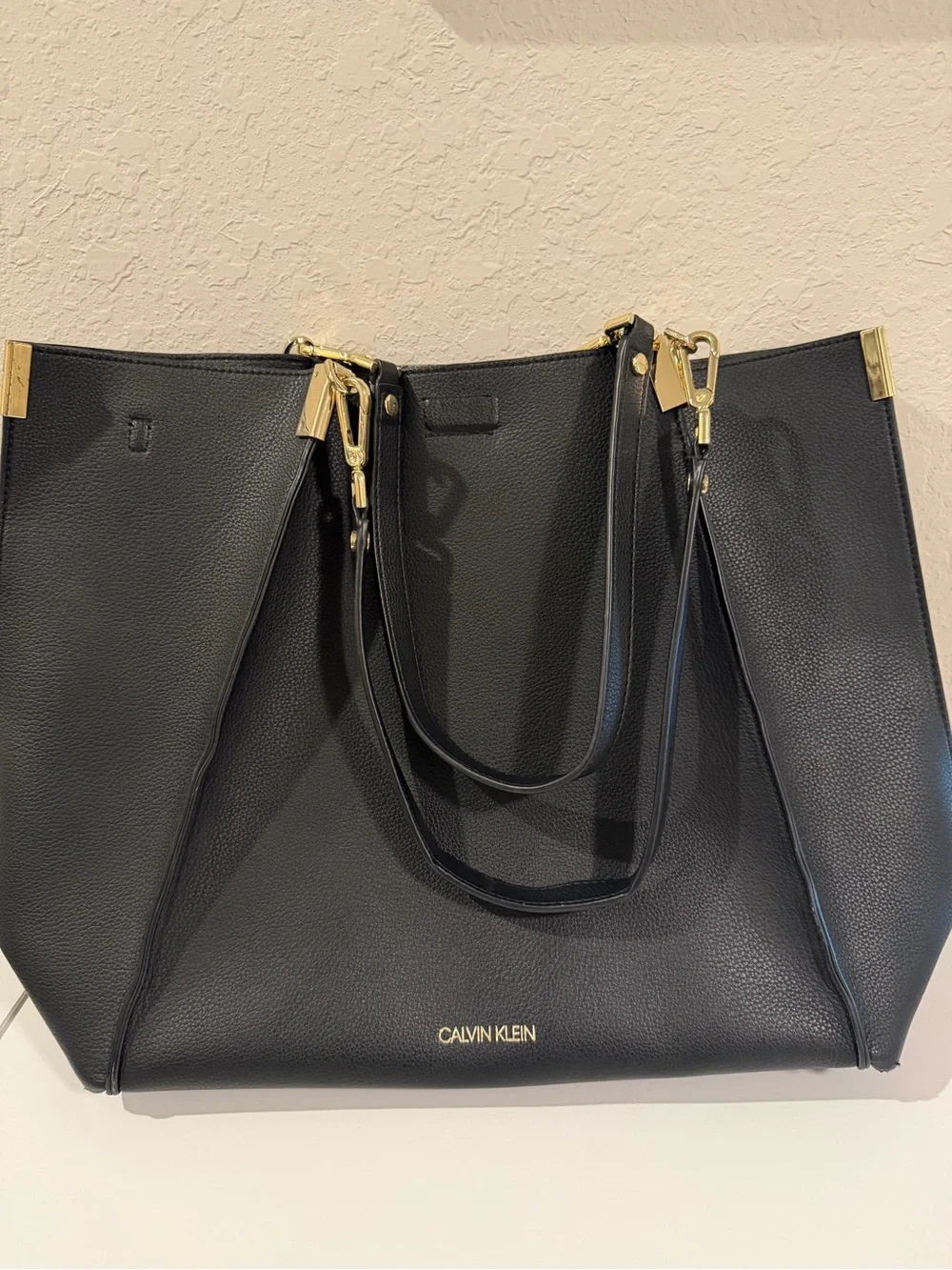 Calvin Klein Black Pebbled Leather Tote with Gold Accents